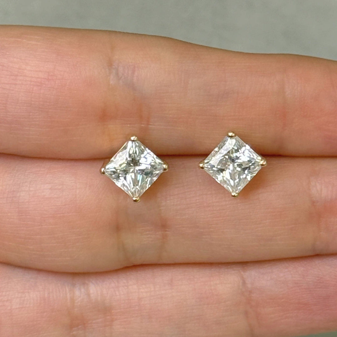 AGI Design Ready to Ship  3ct. Princess Cut Moissanite Stud Earrings in 14k yellow gold