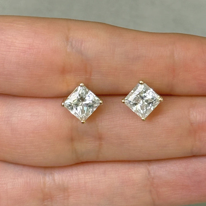 AGI Design Ready to Ship  3ct. Princess Cut Moissanite Stud Earrings in 14k yellow gold