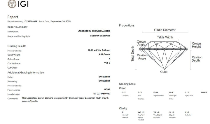 AGI Design Ready to Ship  4.31ct E/VVS2 Old Mine Cushion  Lab Created Diamond Engagement Ring in 18k Yellow Gold