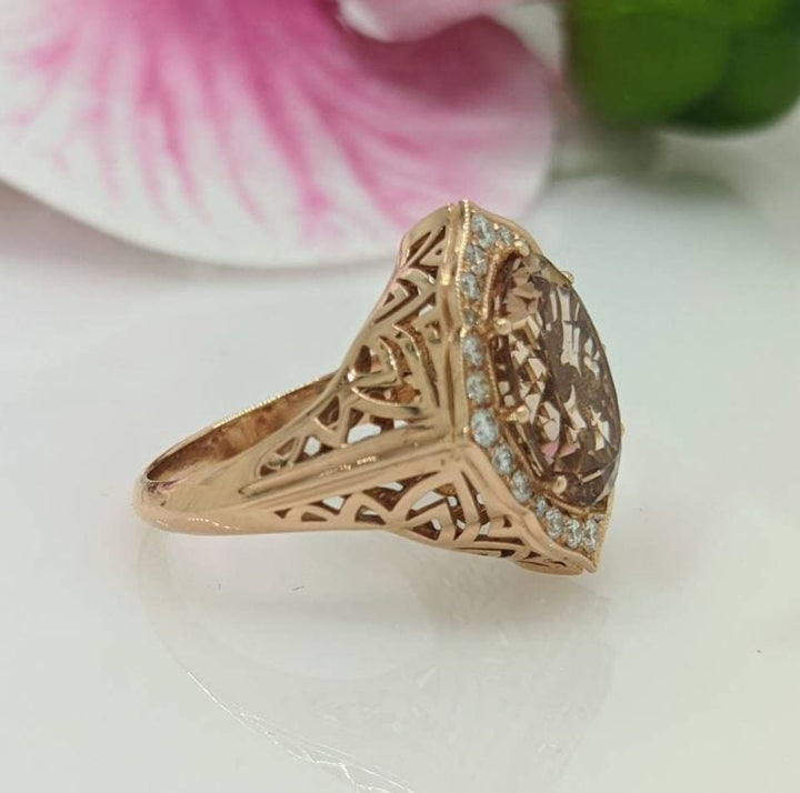 AGI Design Ready to Ship  5ct Peach Oval Morganite Ring in 14K Rose Gold