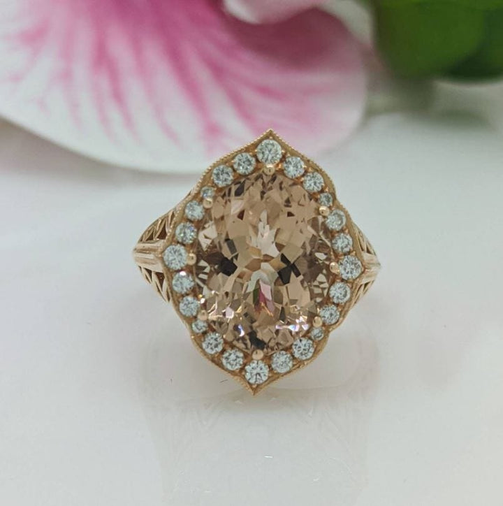AGI Design Ready to Ship  5ct Peach Oval Morganite Ring in 14K Rose Gold