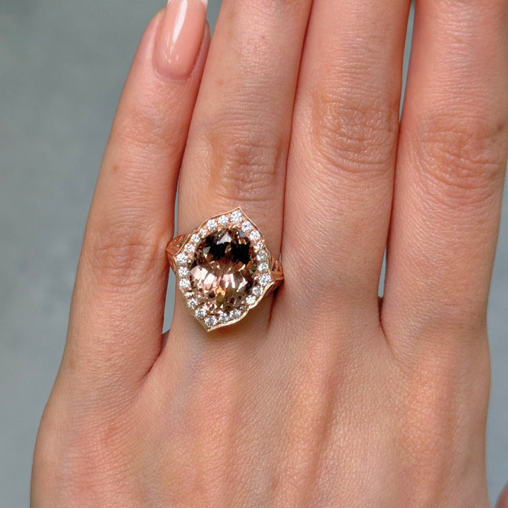 AGI Design Ready to Ship  5ct Peach Oval Morganite Ring in 14K Rose Gold