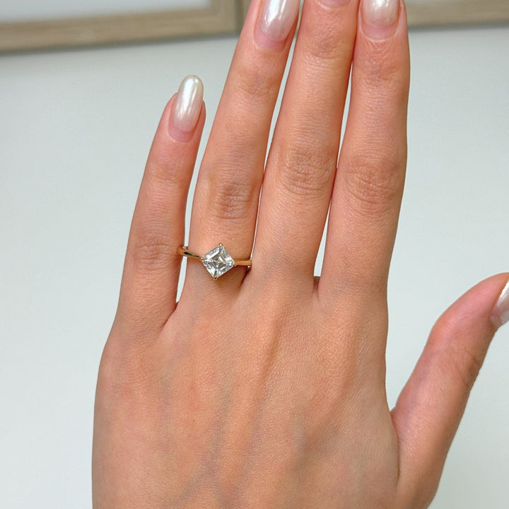 AGI Design Ready to Ship  6.5mm Asscher Moissanite Engagement Ring in 14K Yellow Gold