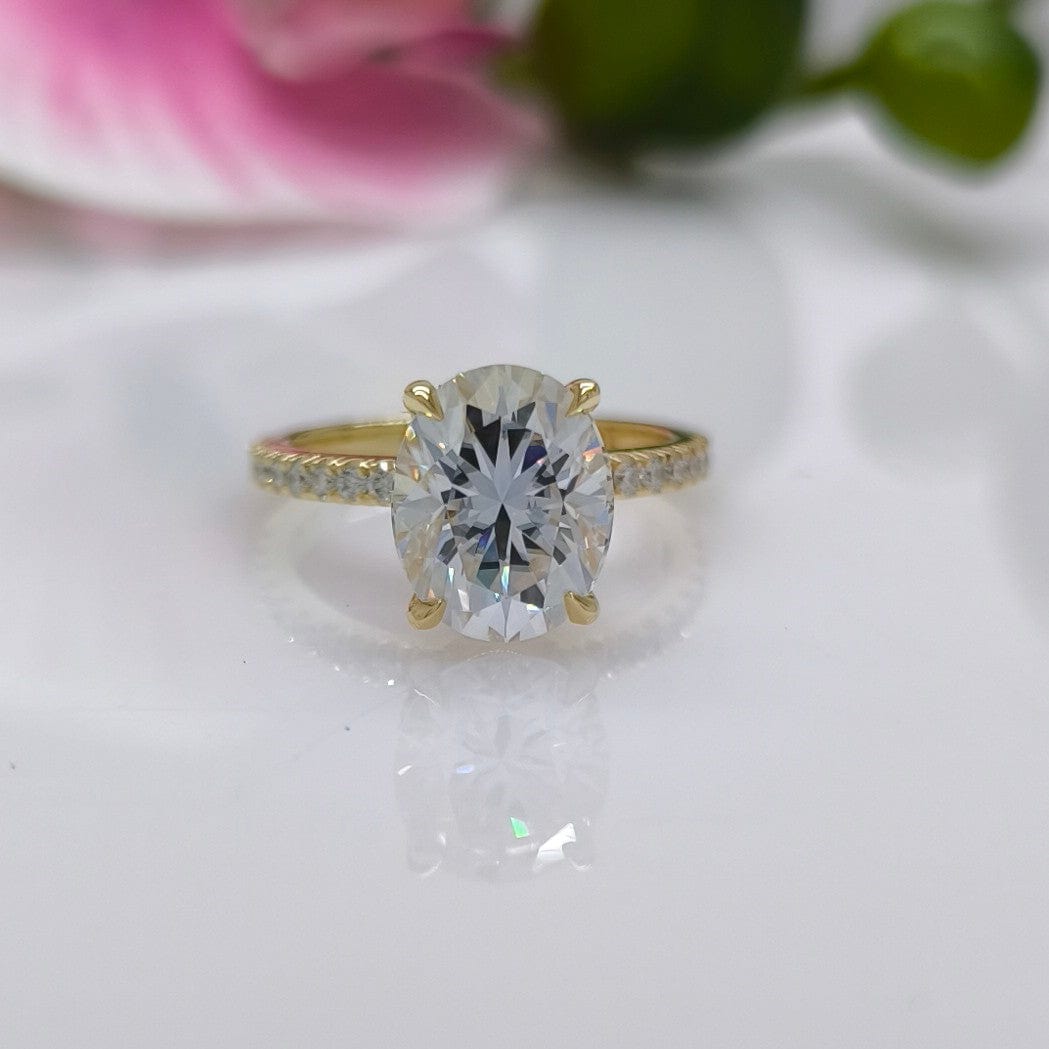 AGI Design Ready to Ship  Cathy 3ct Oval Moissanite Engagement Ring in 18k Yellow Gold