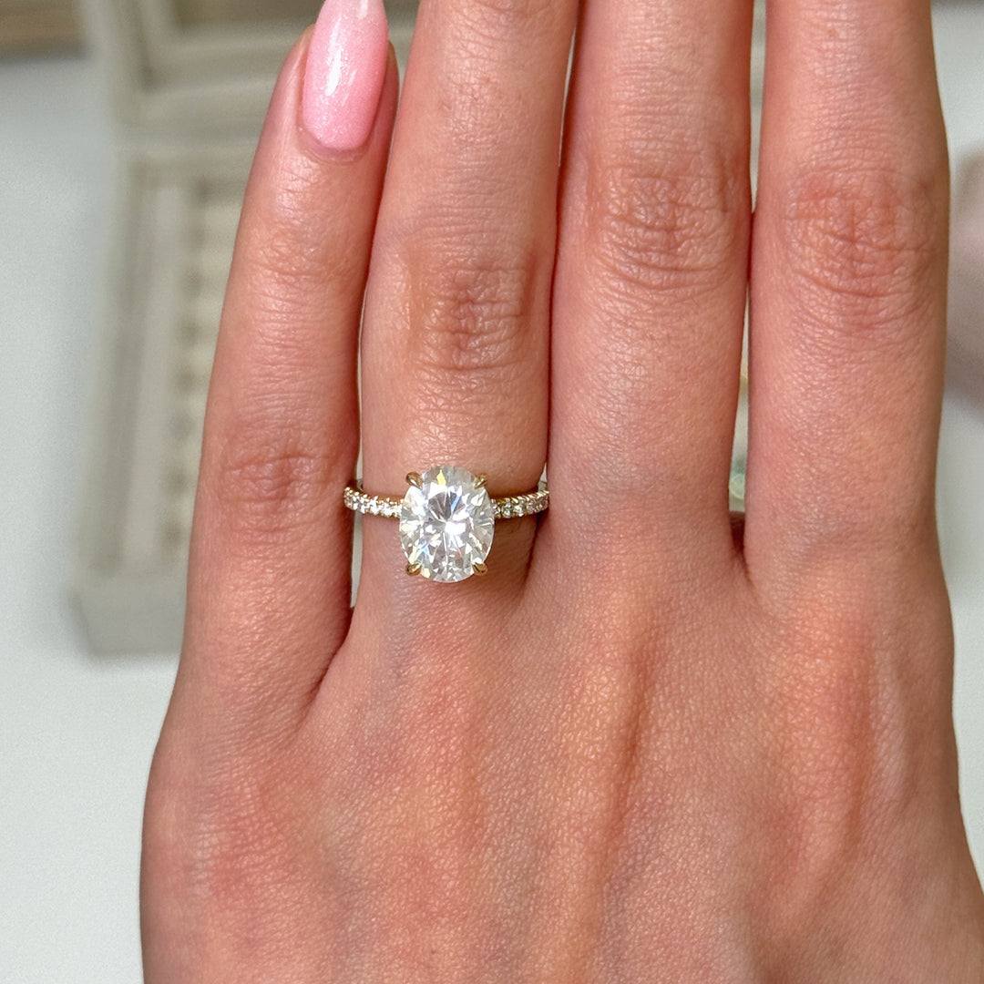 AGI Design Ready to Ship  Cathy 3ct Oval Moissanite Engagement Ring in 18k Yellow Gold