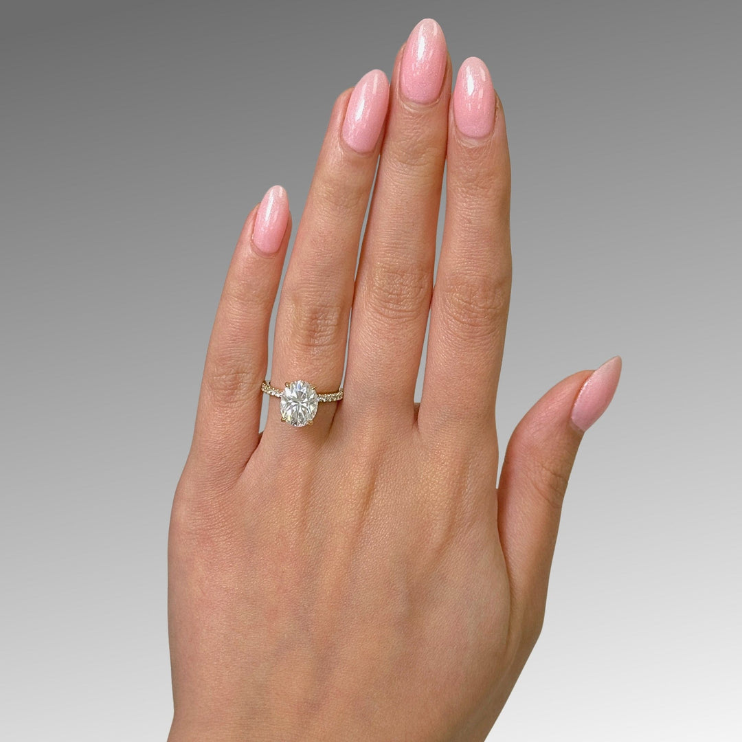 AGI Design Ready to Ship  Cathy 3ct Oval Moissanite Engagement Ring in 18k Yellow Gold