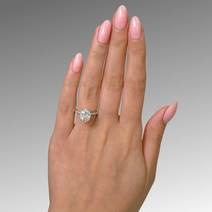 AGI Design Ready to Ship  Cathy 3ct Oval Moissanite Engagement Ring in 18k Yellow Gold