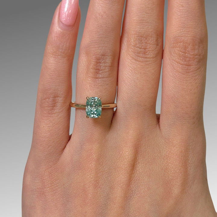 AGI Design Ready to Ship  Claire 1.5ct Aqua Teal Cushion Moissanite Engagement Ring in 14k yellow gold