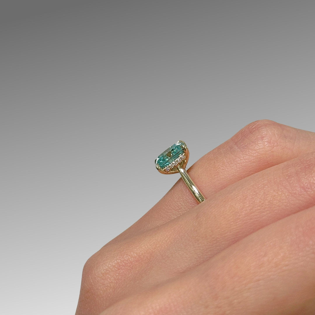AGI Design Ready to Ship  Claire 1.5ct Aqua Teal Cushion Moissanite Engagement Ring in 14k yellow gold