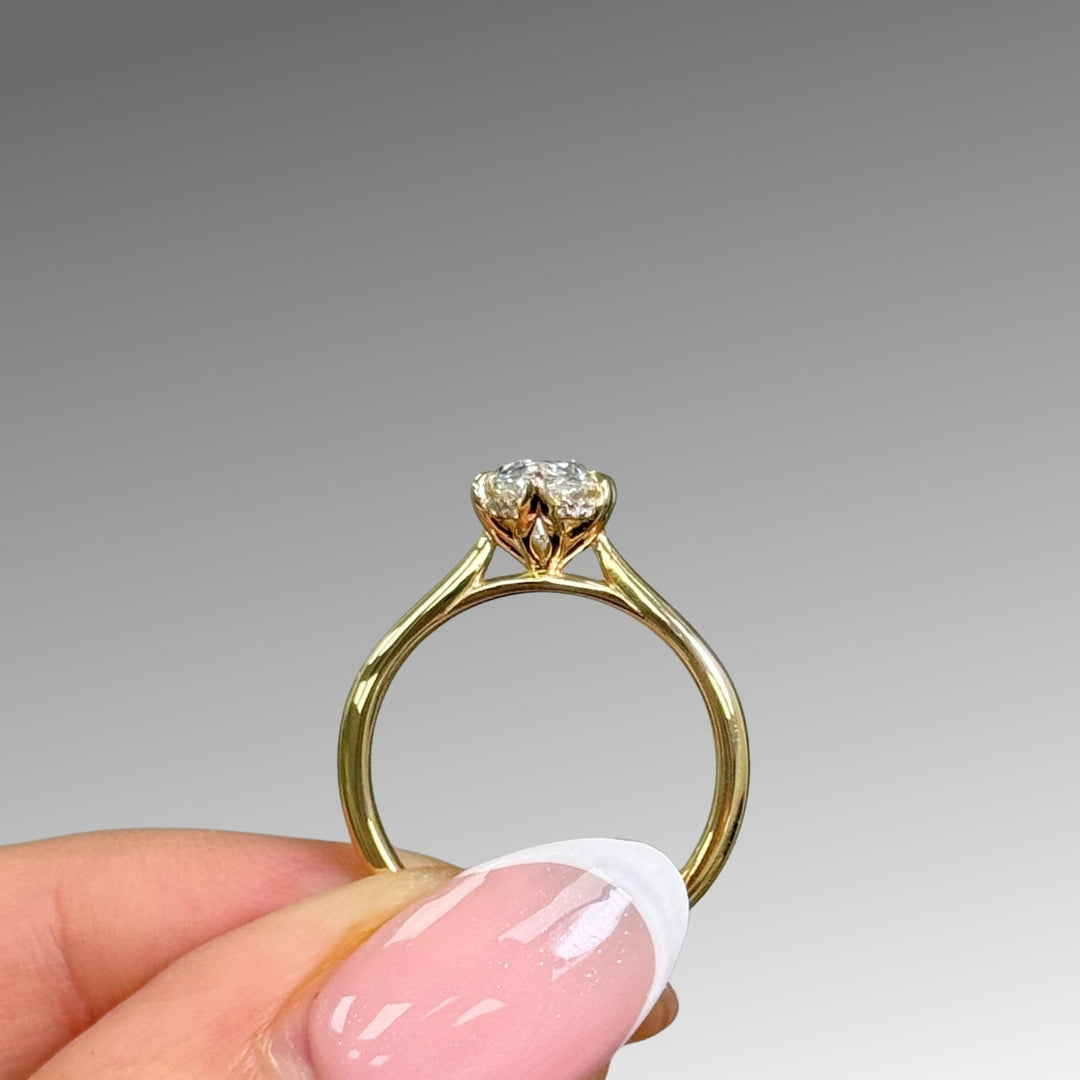 AGI Design Ready to Ship  Dahlia 1.82ct D/VVS2 Elongated Oval(Moval) Old Mine Lab Diamond Tulip Engagement Ring in 18k yellow gold