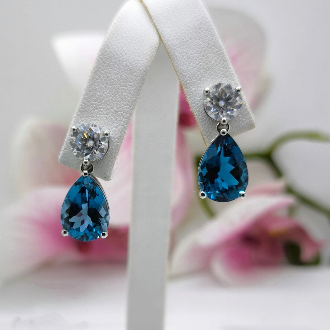 AGI Design Ready to Ship  Dangling Moissanite and Blue Topaz Earrings