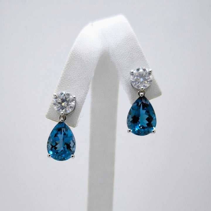 AGI Design Ready to Ship  Dangling Moissanite and Blue Topaz Earrings