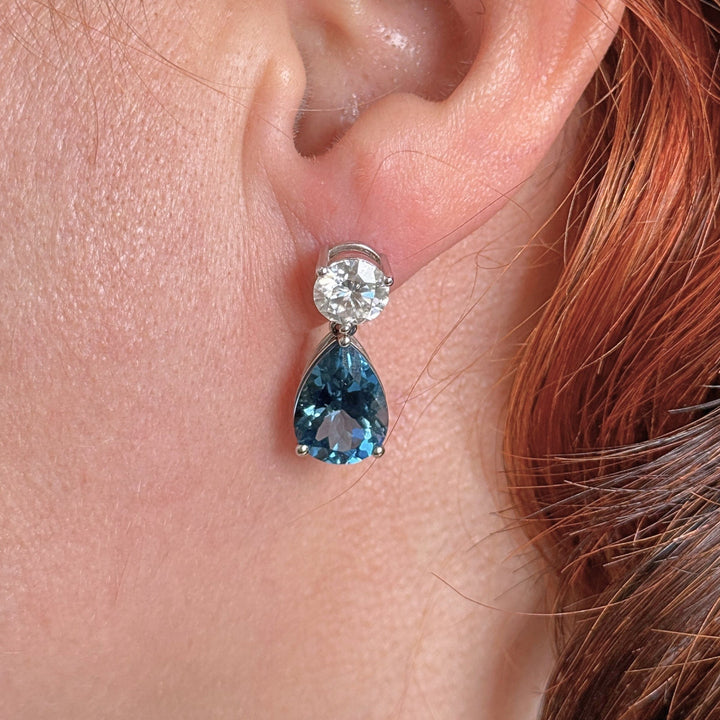 AGI Design Ready to Ship  Dangling Moissanite and Blue Topaz Earrings