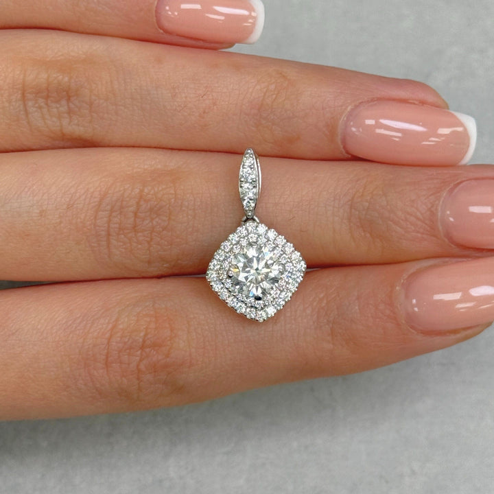 AGI Design Ready to Ship  Double Halo 1ct Round Moissanite & Diamonds Pendant