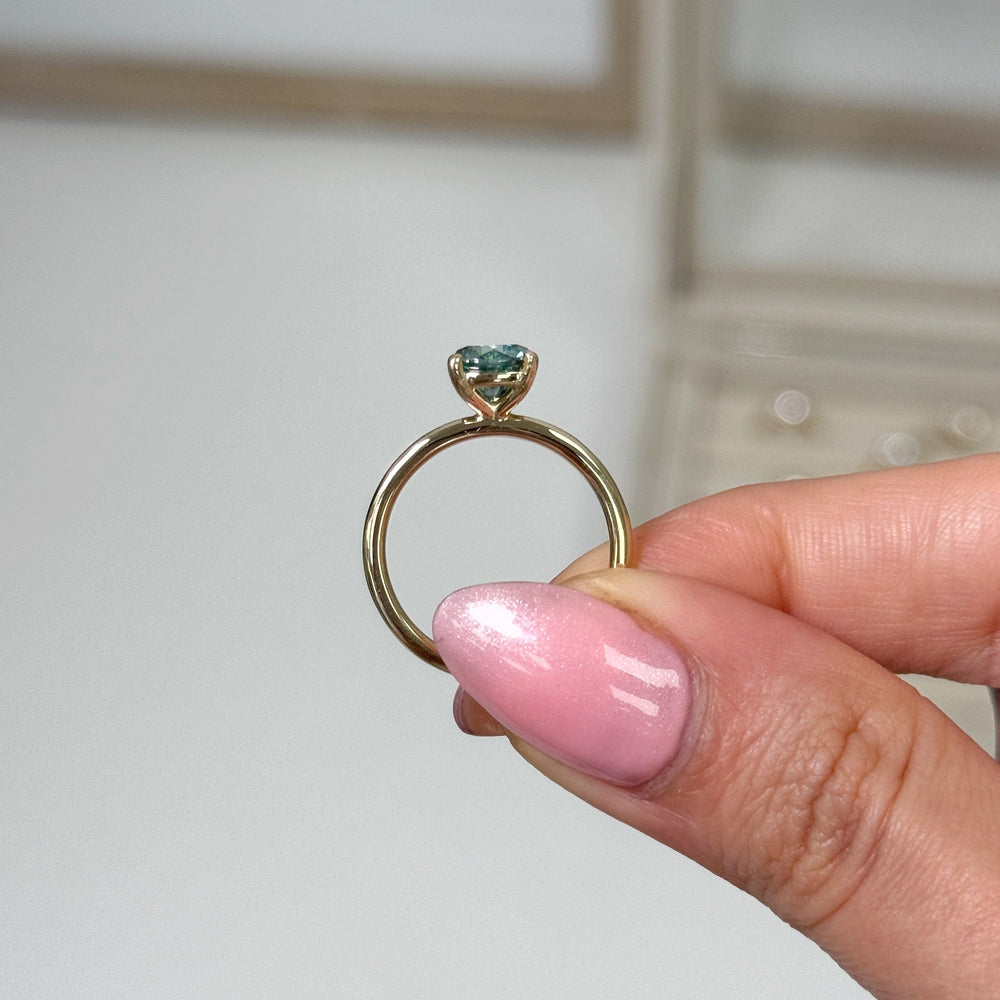 AGI Design Ready to Ship  Eden 1.3ct cushion cut Aqua Teal Moissanite Engagement Ring in 14k yellow gold