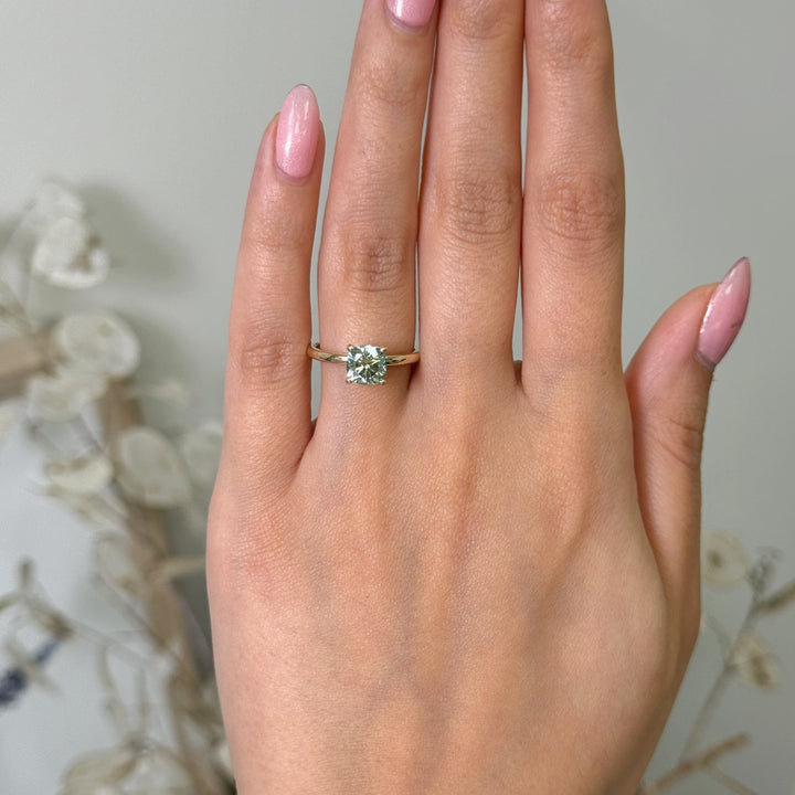 AGI Design Ready to Ship  Eden 1.3ct cushion cut Aqua Teal Moissanite Engagement Ring in 14k yellow gold