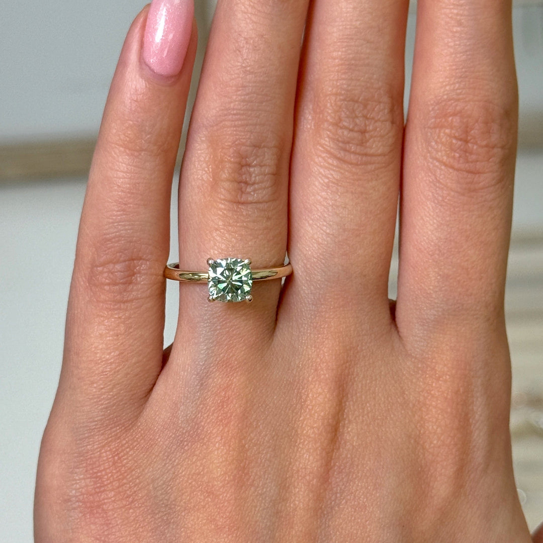 AGI Design Ready to Ship  Eden 1.3ct cushion cut Aqua Teal Moissanite Engagement Ring in 14k yellow gold