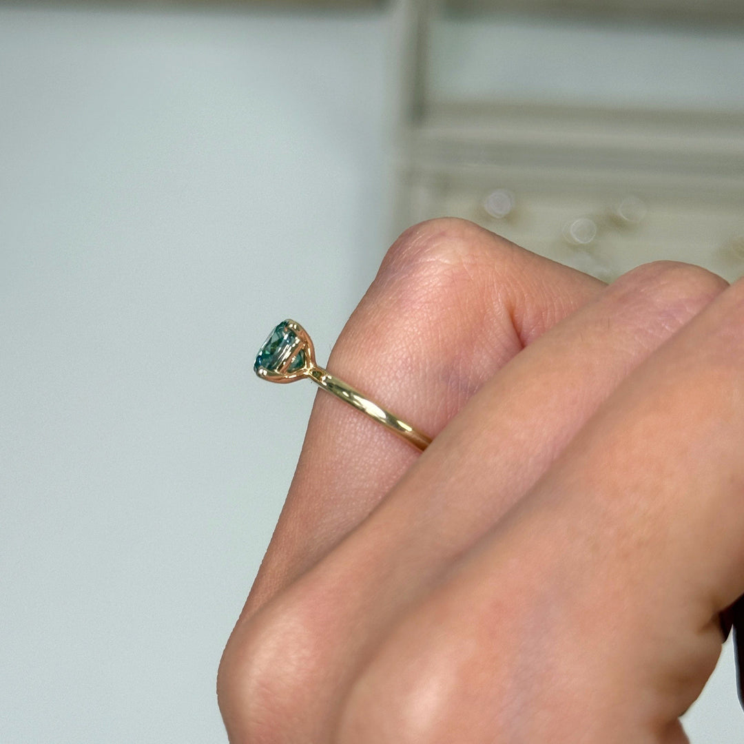 AGI Design Ready to Ship  Eden 1.3ct cushion cut Aqua Teal Moissanite Engagement Ring in 14k yellow gold
