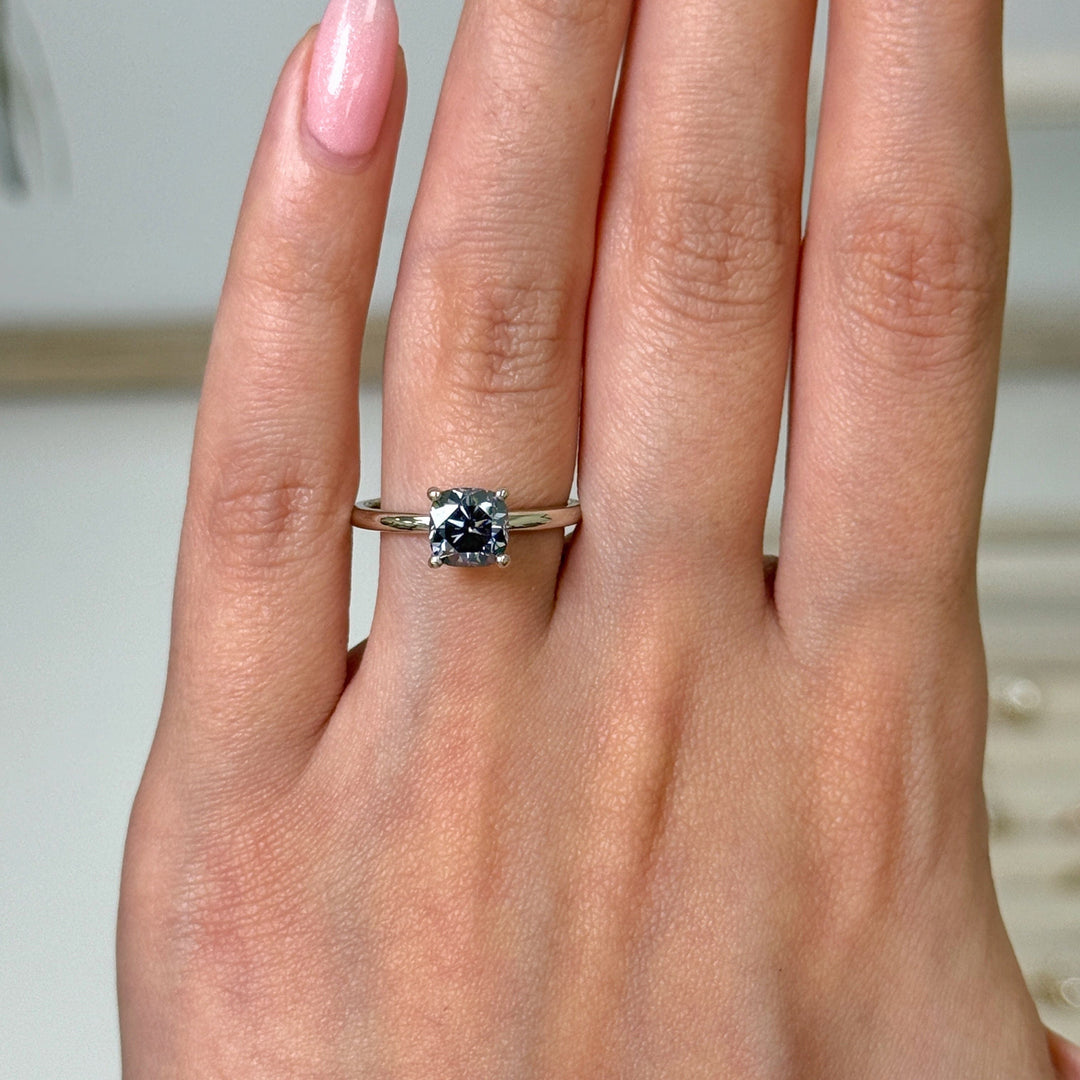 AGI Design Ready to Ship  Eden 1.3ct cushion cut Gray Moissanite Engagement Ring in 14k white gold