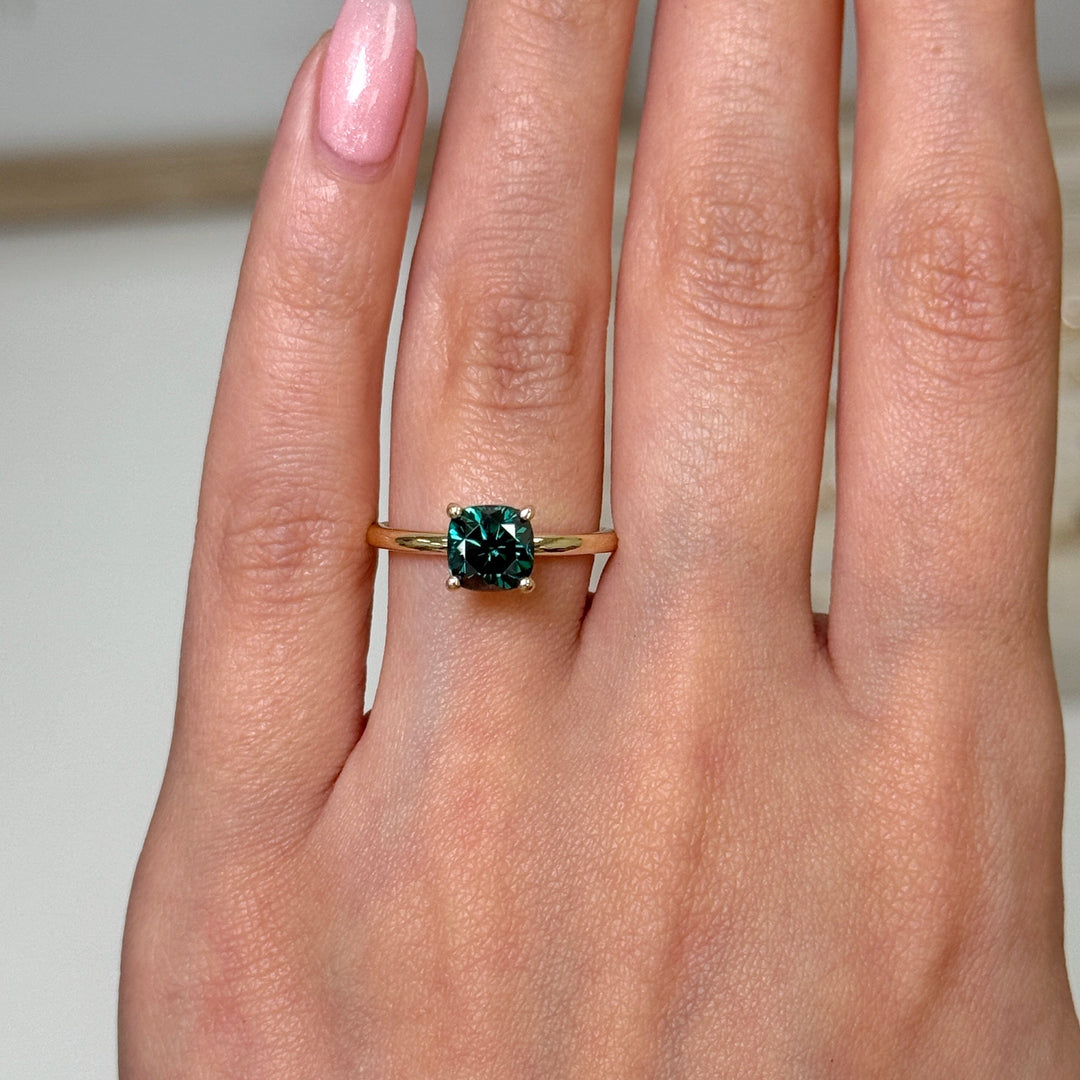 AGI Design Ready to Ship  Eden 1.3ct cushion cut Green Moissanite Engagement Ring in 14k yellow gold