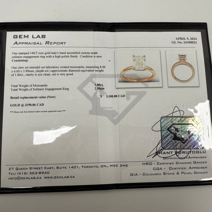 AGI Design Ready to Ship  Eden 1.8ct Emerald Moissanite Engagement Ring in 14K Rose Gold