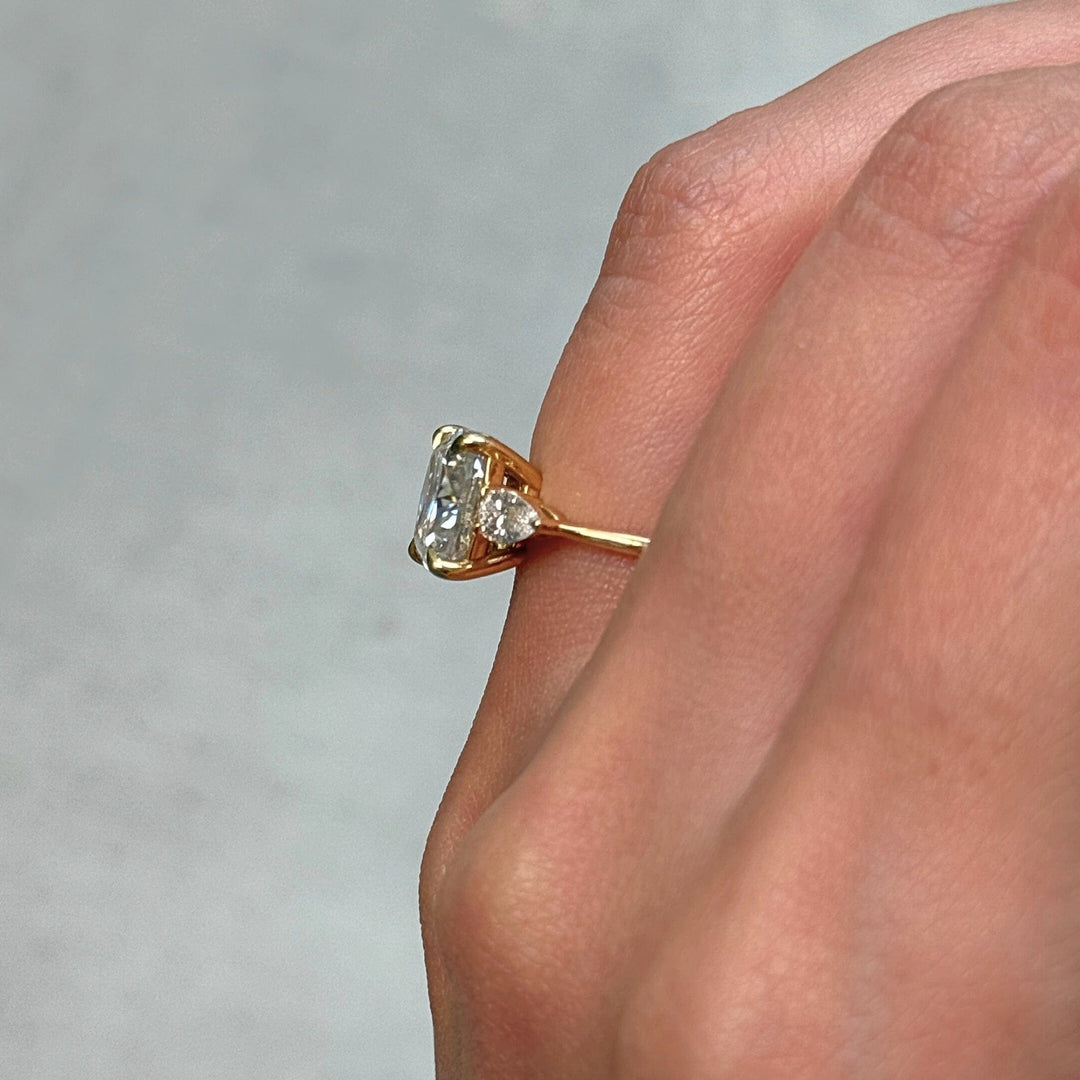 AGI Design Ready to Ship  Leah 3ct. Cushion Cut Moissanite with Pear Shape Lab Diamonds Engagement Ring