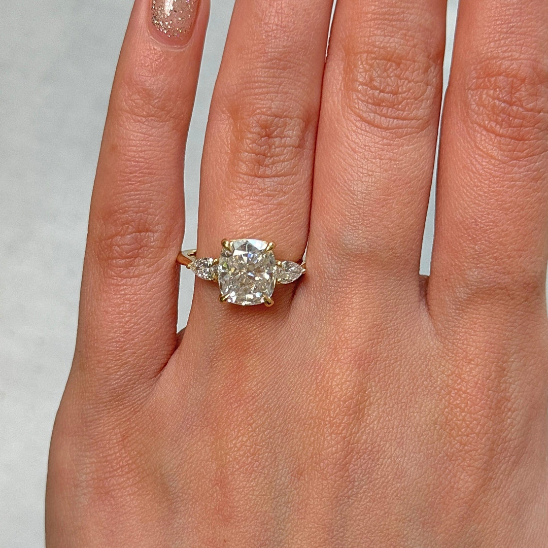 AGI Design Ready to Ship  Leah 3ct. Cushion Cut Moissanite with Pear Shape Lab Diamonds Engagement Ring