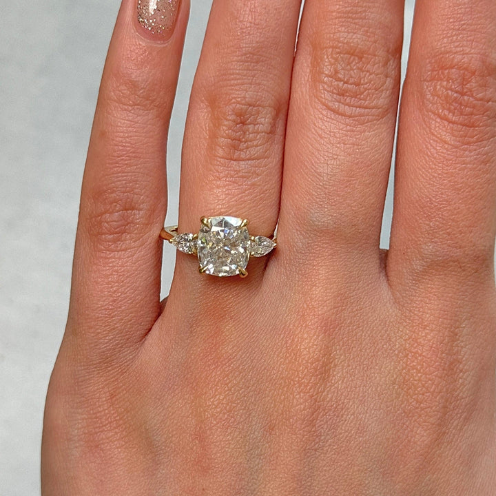 AGI Design Ready to Ship  Leah 3ct. Cushion Cut Moissanite with Pear Shape Lab Diamonds Engagement Ring