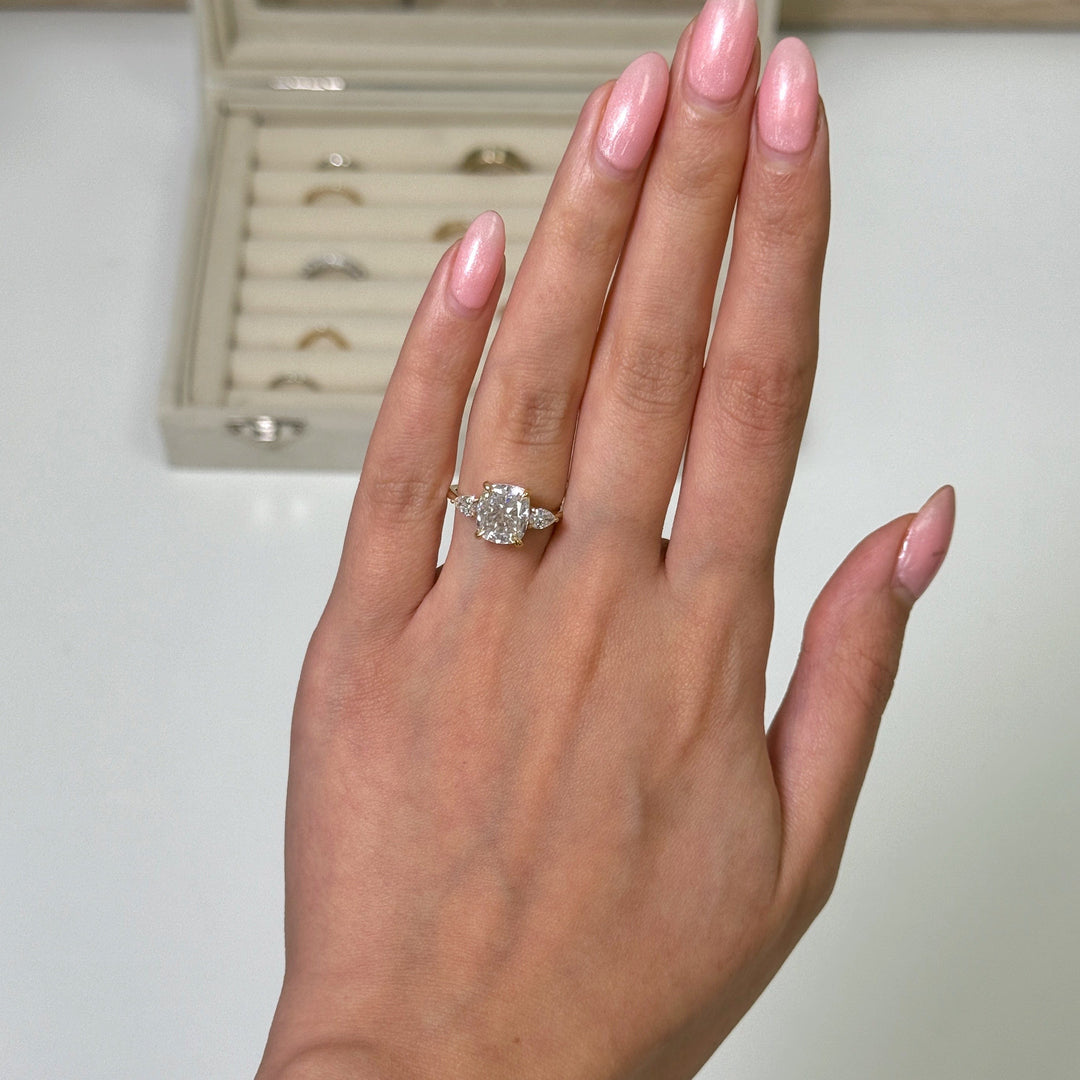 AGI Design Ready to Ship  Leah 3ct. Cushion Cut Moissanite with Pear Shape Lab Diamonds Engagement Ring