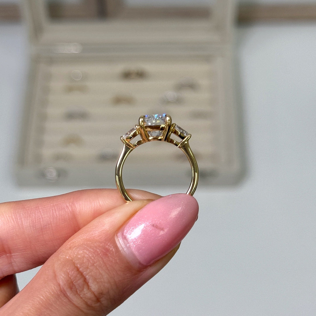 AGI Design Ready to Ship  Leah 3ct. Cushion Cut Moissanite with Pear Shape Lab Diamonds Engagement Ring