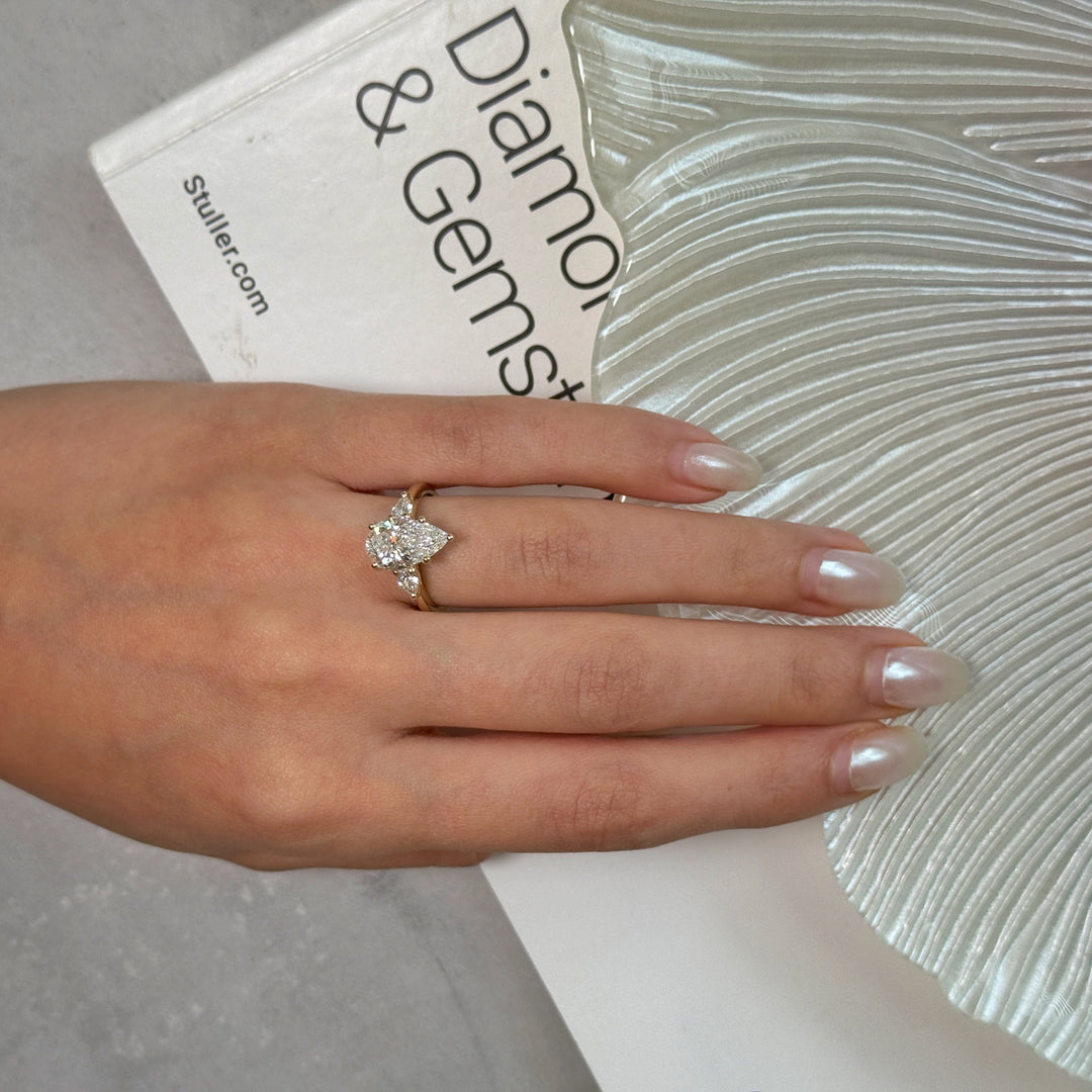 AGI Design  Ready to Ship  Linda 2.71ct Pear Shape Lab Diamond E/VVS2 Three Stone Engagement Ring in 14K Yellow Gold