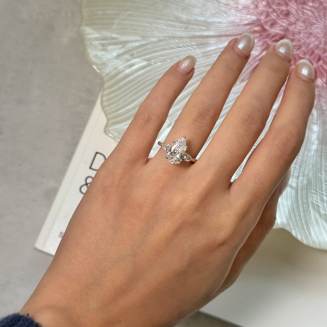 AGI Design  Ready to Ship  Linda 2.71ct Pear Shape Lab Diamond E/VVS2 Three Stone Engagement Ring in 14K Yellow Gold