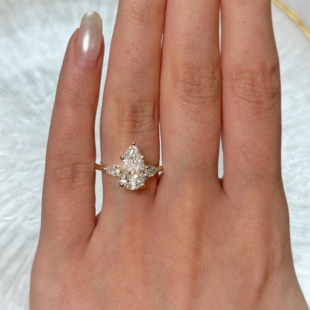 AGI Design  Ready to Ship  Linda 2.71ct Pear Shape Lab Diamond E/VVS2 Three Stone Engagement Ring in 14K Yellow Gold