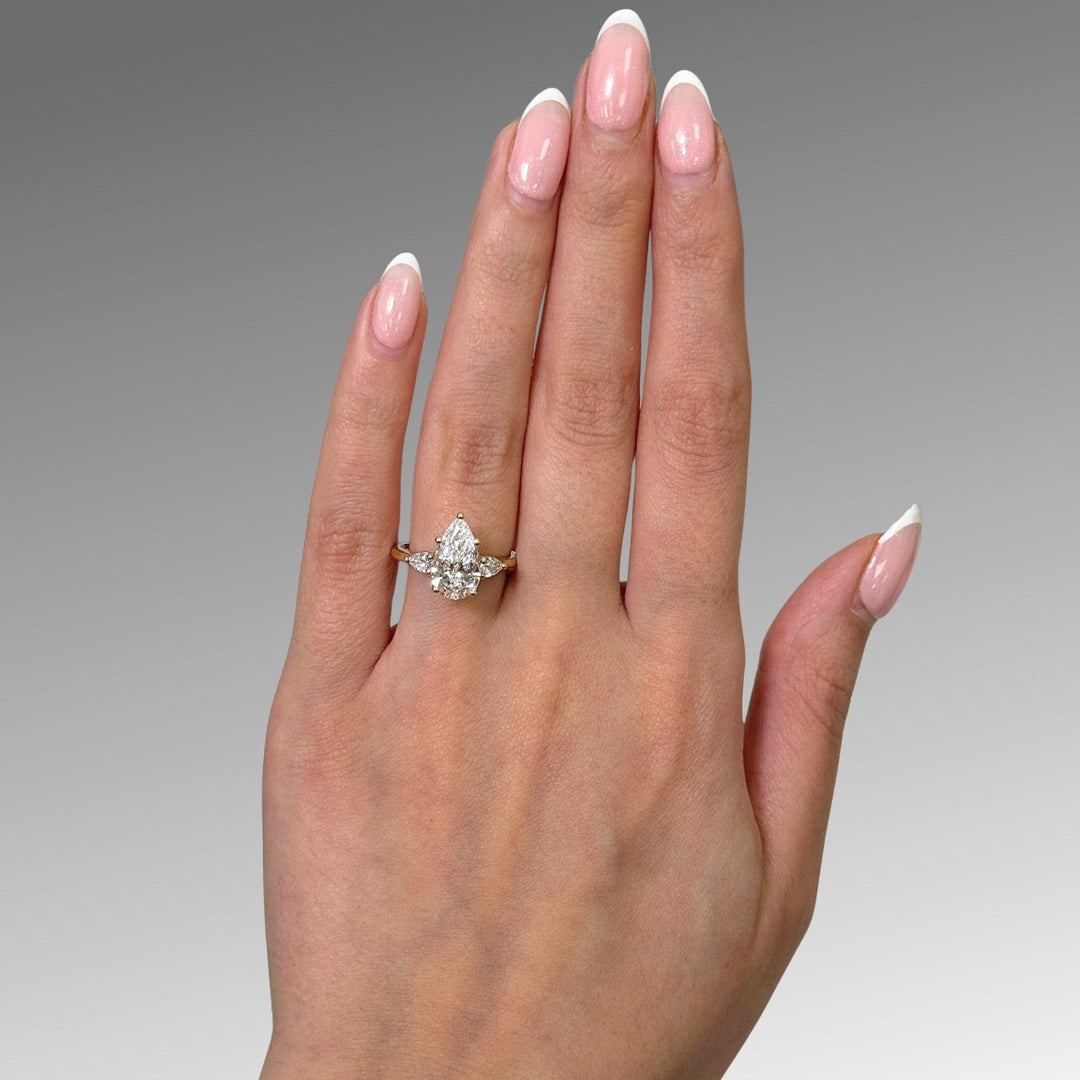 AGI Design  Ready to Ship  Linda 2.71ct Pear Shape Lab Diamond E/VVS2 Three Stone Engagement Ring in 14K Yellow Gold