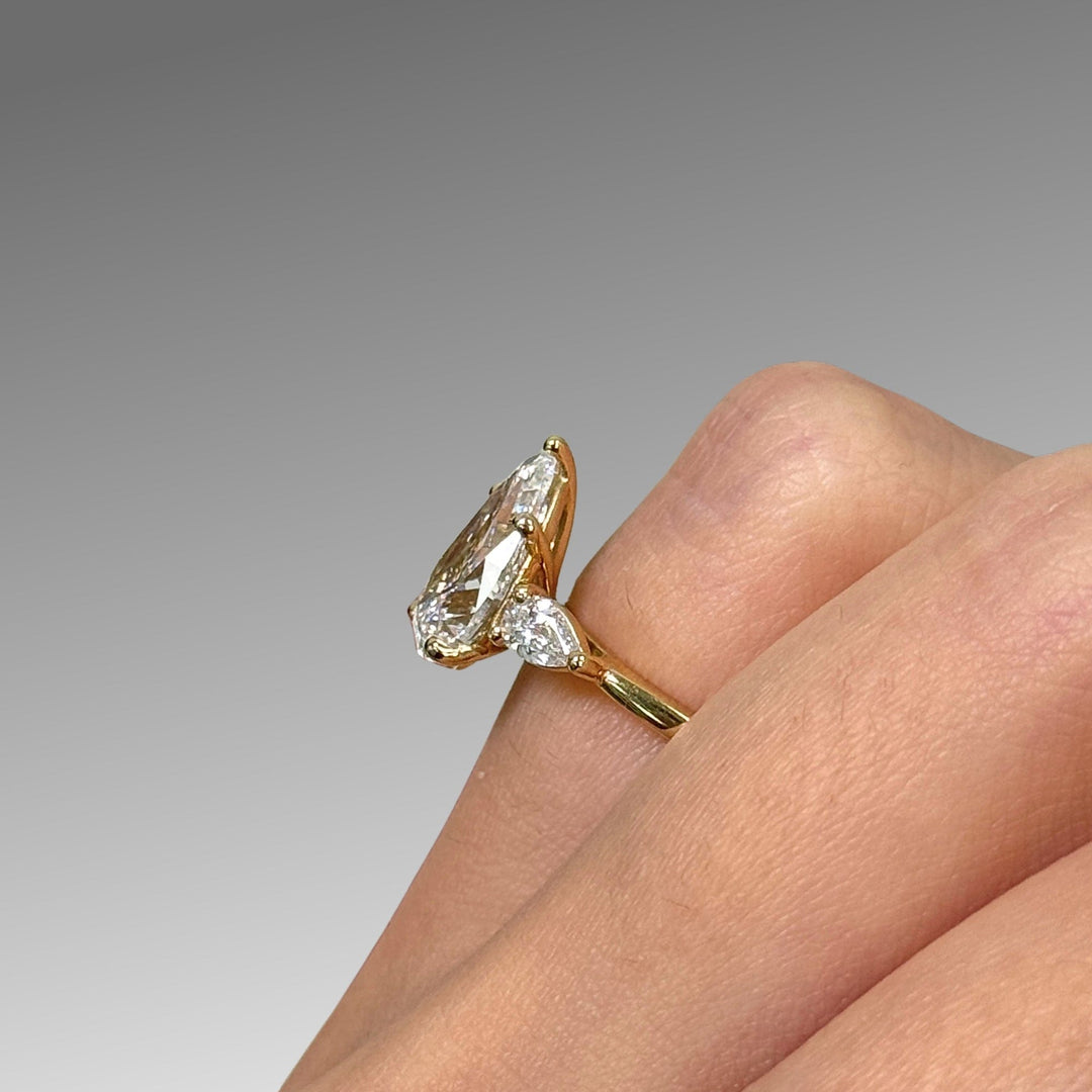 AGI Design  Ready to Ship  Linda 2.71ct Pear Shape Lab Diamond E/VVS2 Three Stone Engagement Ring in 14K Yellow Gold