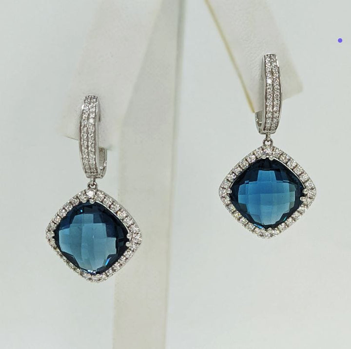 AGI Design Ready to Ship  London Blue Topaz And Diamonds Earrings in 14K White Gold