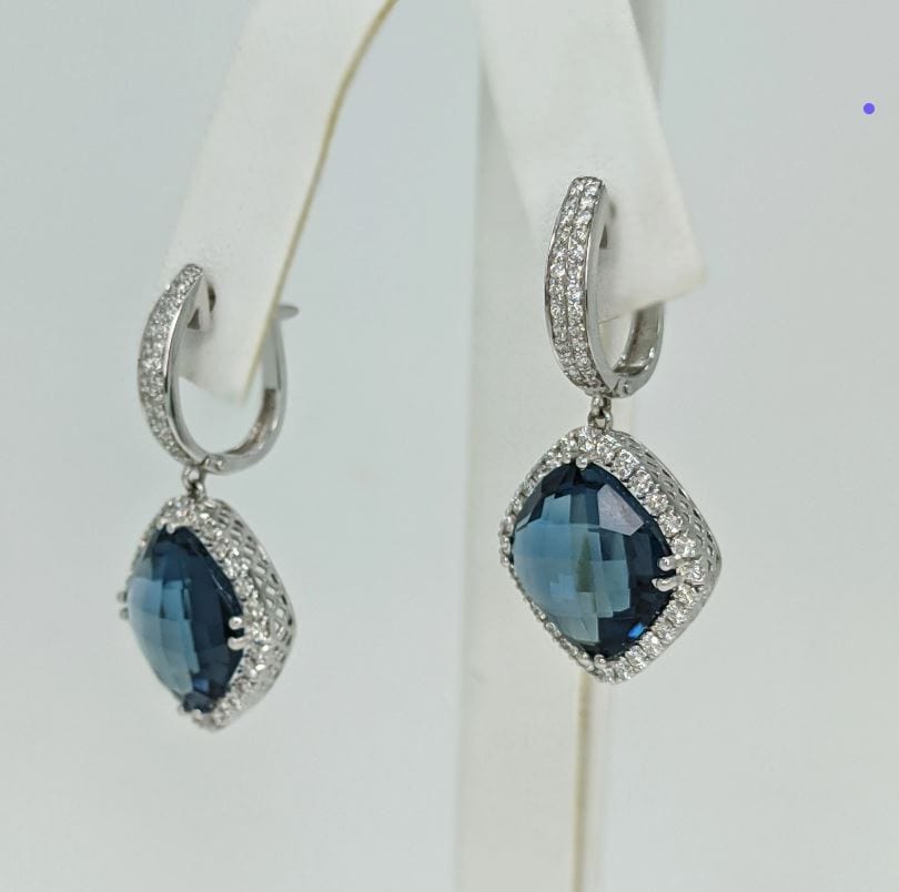 AGI Design Ready to Ship  London Blue Topaz And Diamonds Earrings in 14K White Gold