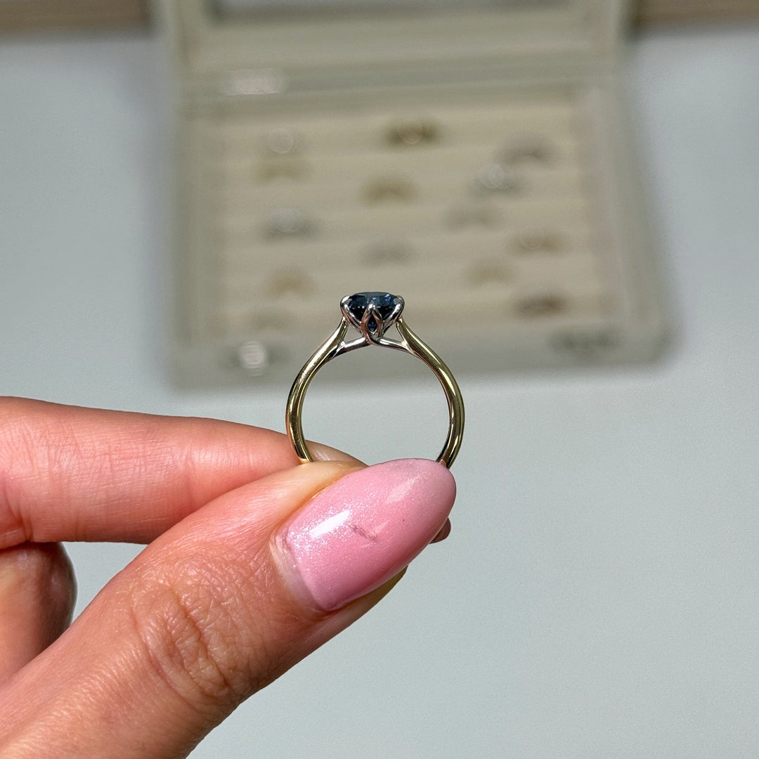 AGI Design Ready to Ship  Mary 1ct Round Blue Moissanite Engagement Ring in 14k white/ yellow gold