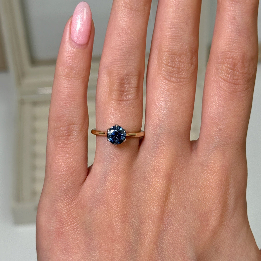 AGI Design Ready to Ship  Mary 1ct Round Blue Moissanite Engagement Ring in 14k white/ yellow gold