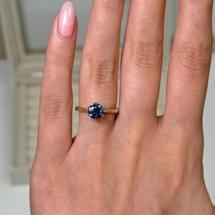 AGI Design Ready to Ship  Mary 1ct Round Blue Moissanite Engagement Ring in 14k white/ yellow gold