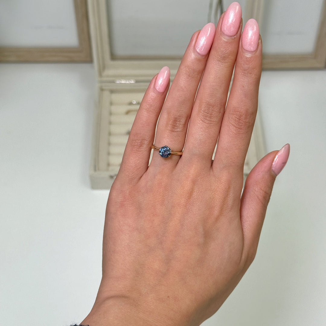 AGI Design Ready to Ship  Mary 1ct Round Blue Moissanite Engagement Ring in 14k white/ yellow gold