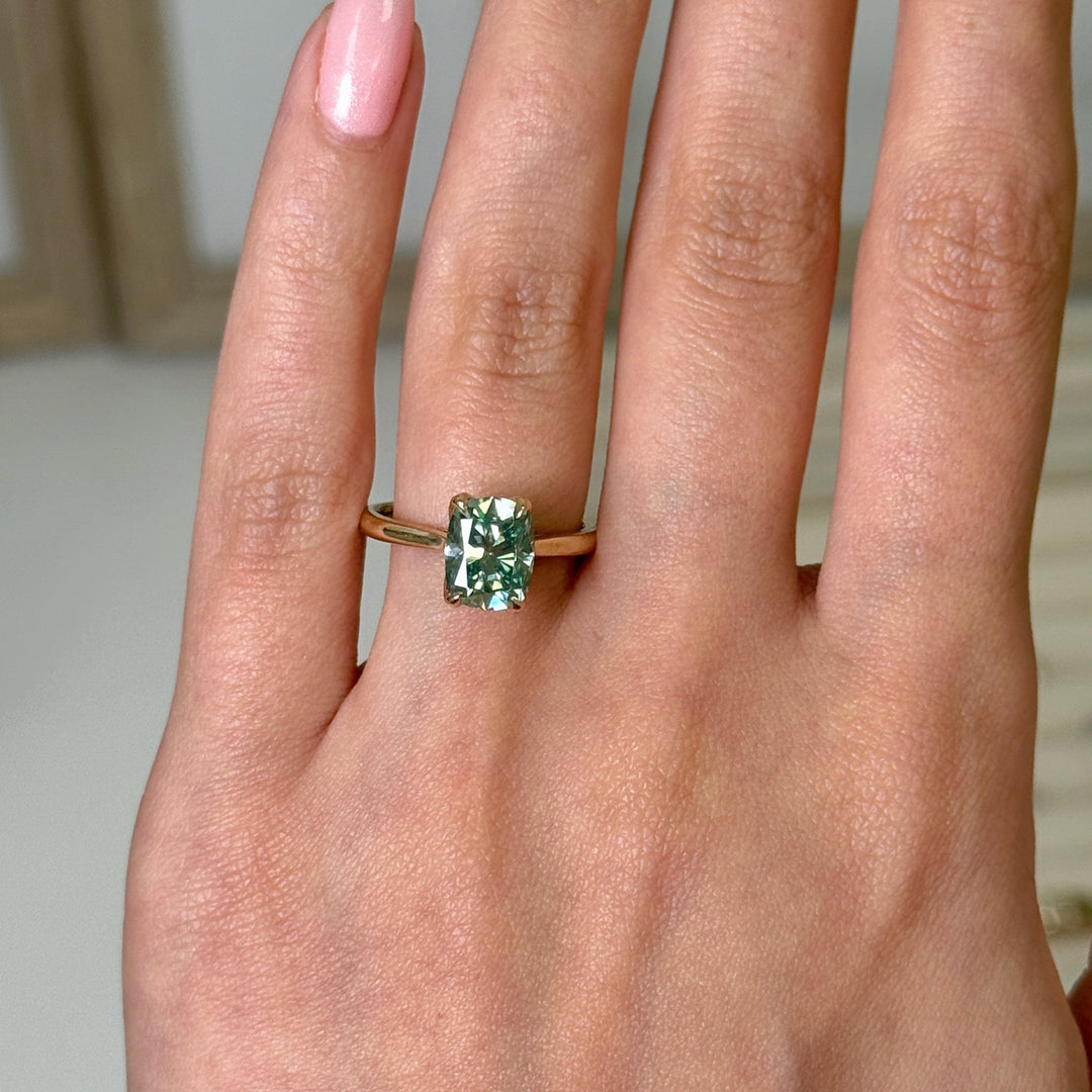 AGI Design Ready to Ship  Megan 2.5ct Aqua Teal Cushion cut Moissanite Engagement Ring in 14k yellow gold