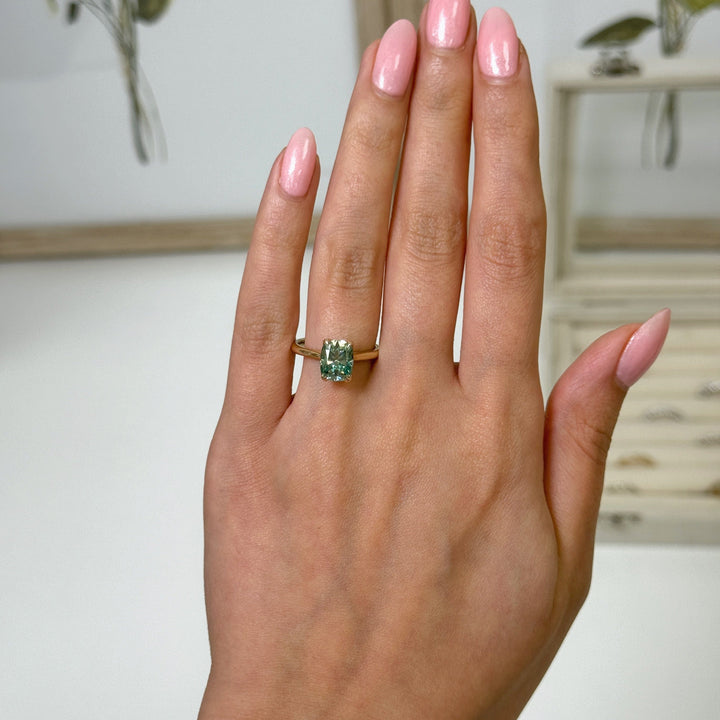 AGI Design Ready to Ship  Megan 2.5ct Aqua Teal Cushion cut Moissanite Engagement Ring in 14k yellow gold