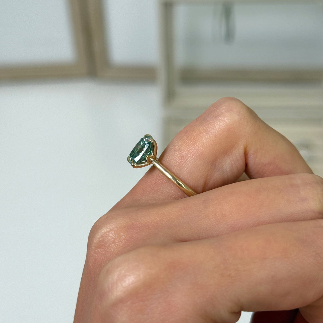 AGI Design Ready to Ship  Megan 2.5ct Aqua Teal Cushion cut Moissanite Engagement Ring in 14k yellow gold