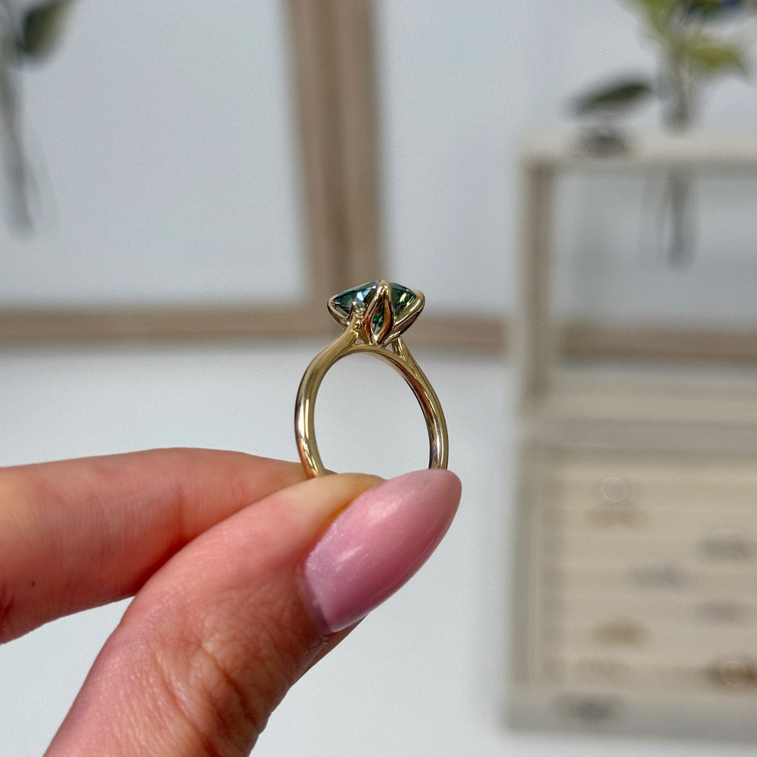 AGI Design Ready to Ship  Megan 2.5ct Aqua Teal Cushion cut Moissanite Engagement Ring in 14k yellow gold