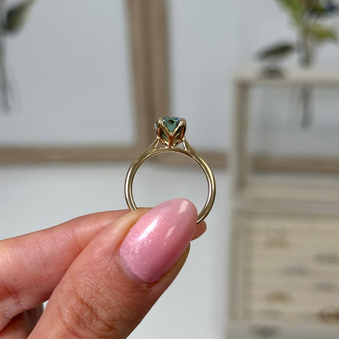 AGI Design Ready to Ship  Megan 2.5ct Aqua Teal Cushion cut Moissanite Engagement Ring in 14k yellow gold