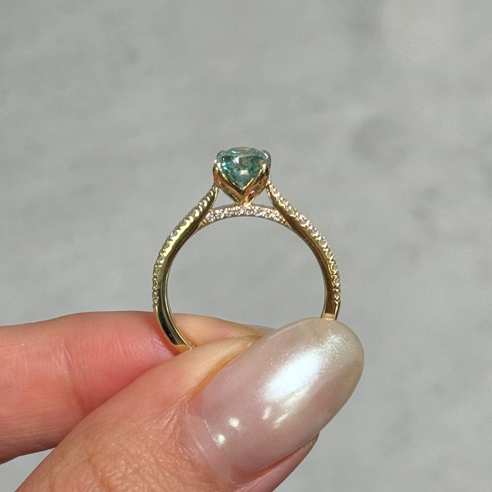 AGI Design Ready to Ship  Nora 1.5ct Aqua Teal Oval Moissanite Engagement Ring in 14k yellow gold