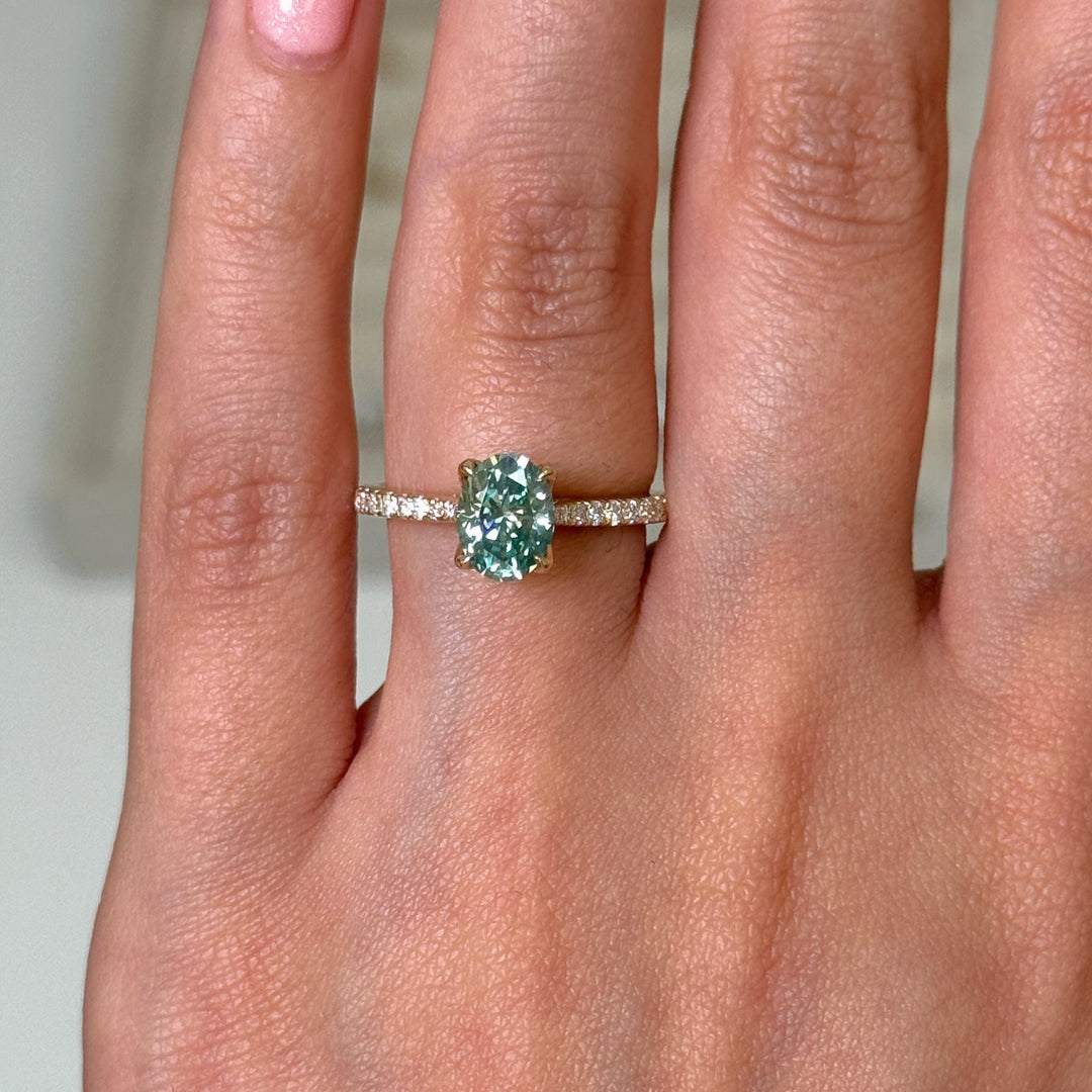 AGI Design Ready to Ship  Nora 1.5ct Aqua Teal Oval Moissanite Engagement Ring in 14k yellow gold