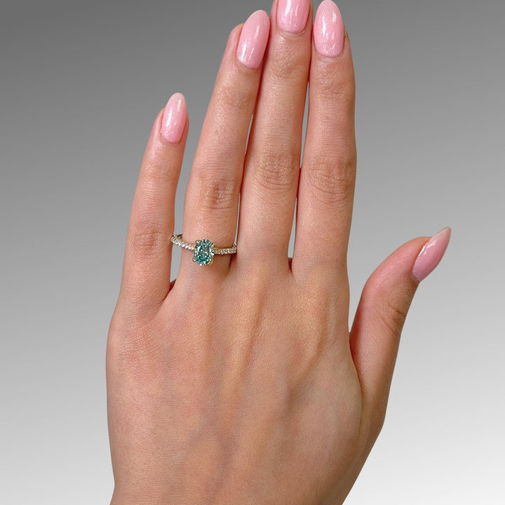 AGI Design Ready to Ship  Nora 1.5ct Aqua Teal Oval Moissanite Engagement Ring in 14k yellow gold