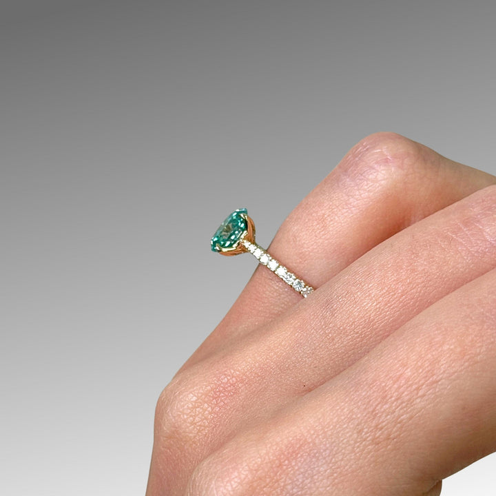 AGI Design Ready to Ship  Nora 1.5ct Aqua Teal Oval Moissanite Engagement Ring in 14k yellow gold